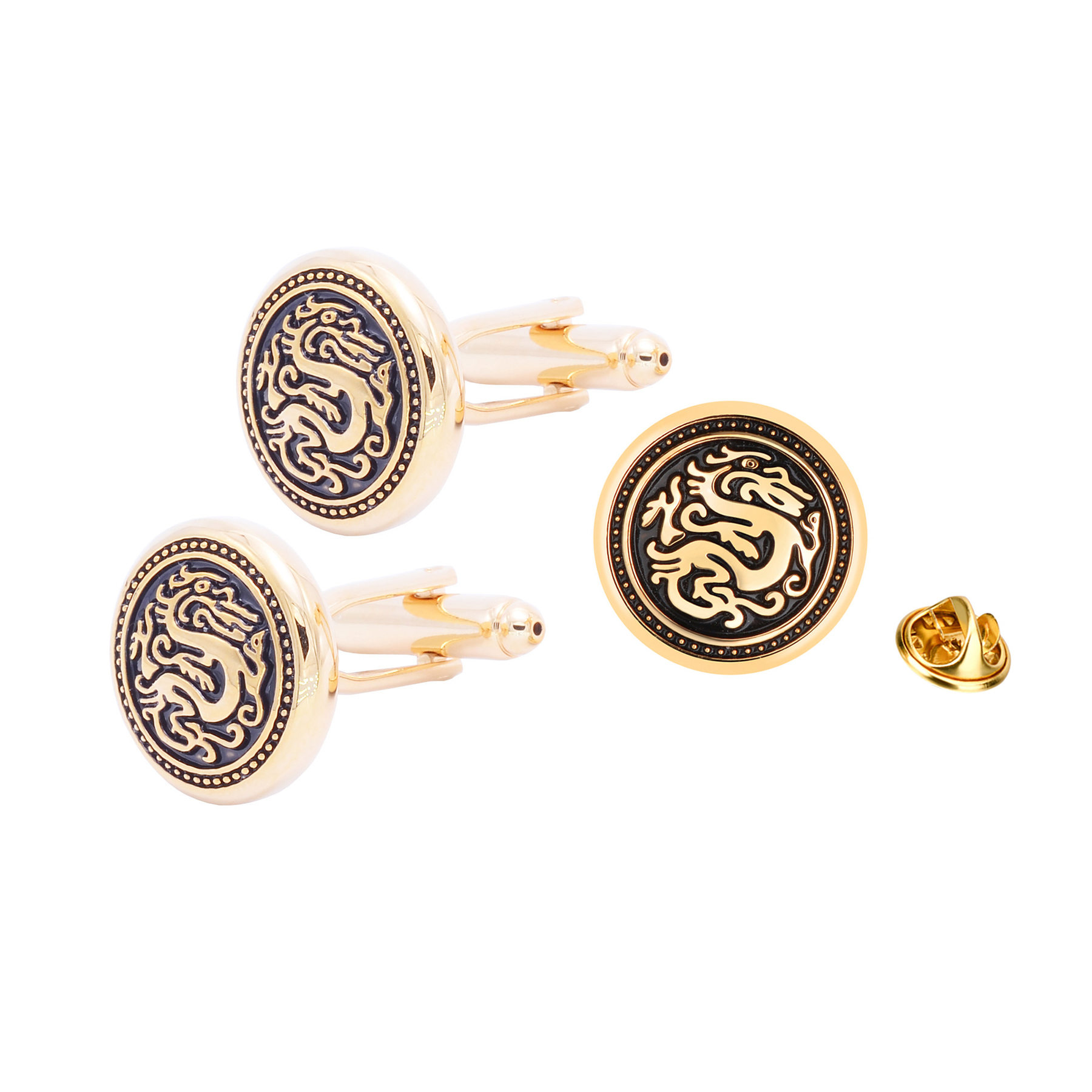 Gold dragon round lapel pins badge Cufflinks Sets