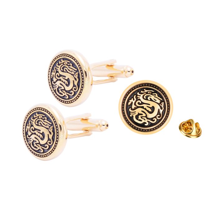 Gold dragon round lapel pins badge Cufflinks